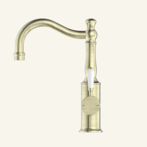 York Straight Basin Mixer With White Porcelain Lever - Aged Brass