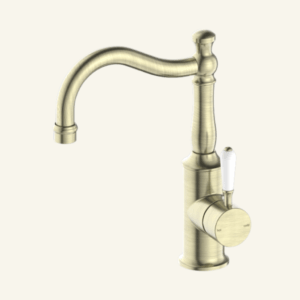 York Straight Basin Mixer With White Porcelain Lever - Aged Brass
