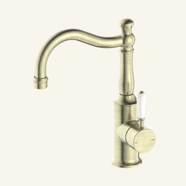 York Straight Basin Mixer With White Porcelain Lever - Aged Brass
