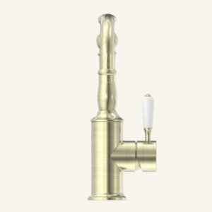 York Straight Basin Mixer With White Porcelain Lever - Aged Brass