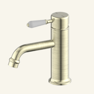 York Straight Basin Mixer With White Porcelain Lever - Aged Brass