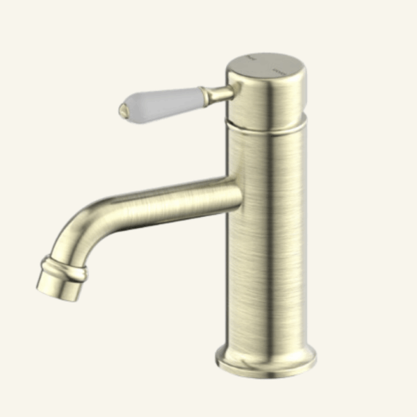 York Straight Basin Mixer With White Porcelain Lever - Aged Brass