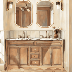 Belle Scalloped Vanity 1500 Double Bowl Freestanding – Honey Oak