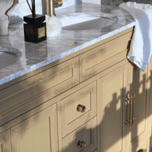 Belle Scalloped Vanity 1500 Double Bowl Freestanding – Honey Oak