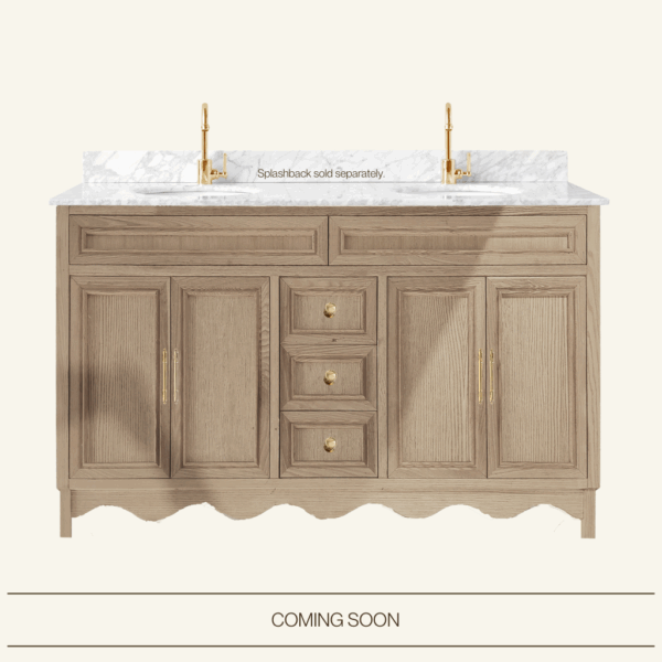 Belle Scalloped Vanity 1500 Double Bowl Freestanding – Honey Oak